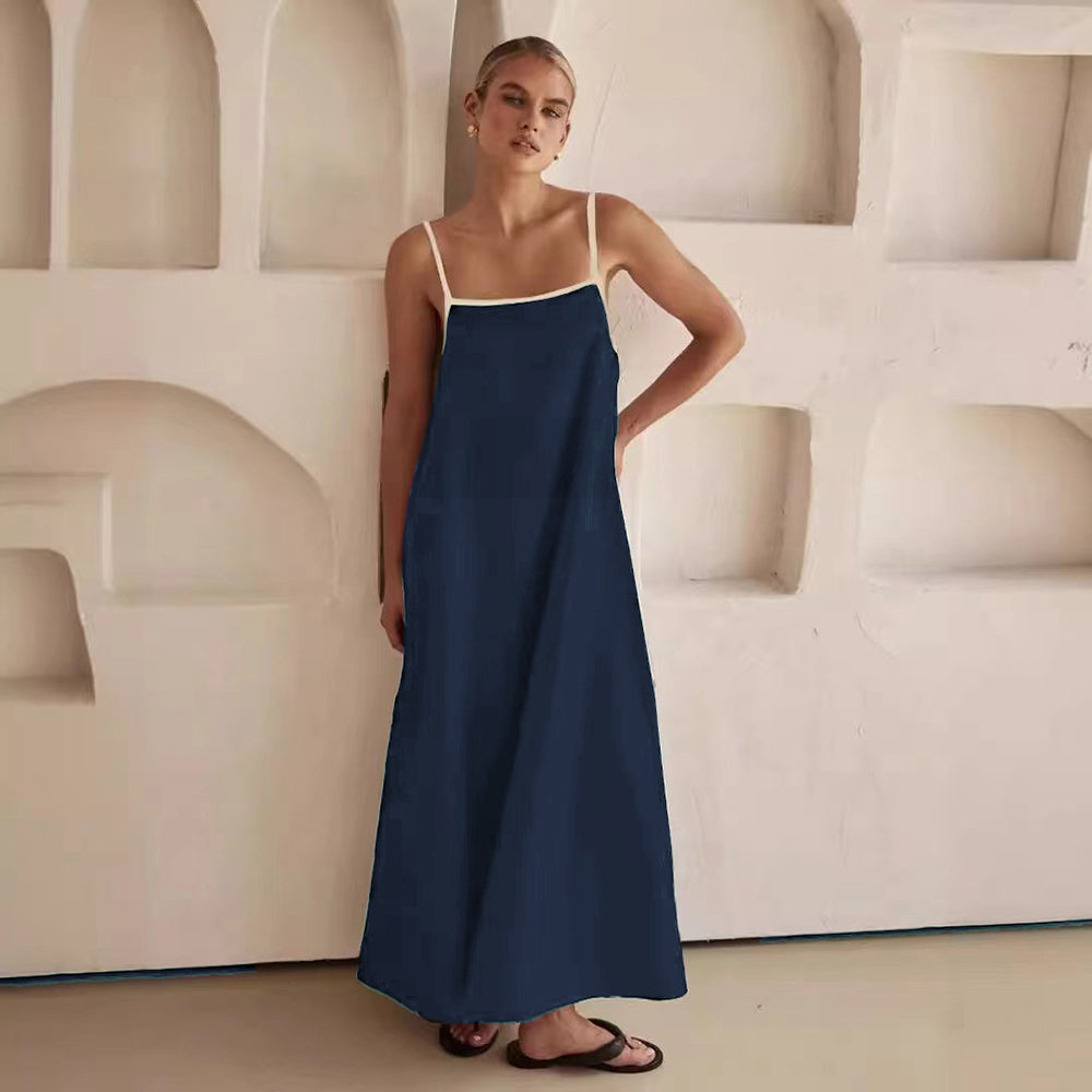 Vestido Feminino Preto Solto com Alças, Algodão e Linho, Decote Quadrado