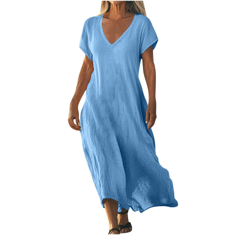 Vestido Feminino Solto em Algodão e Linho, Decote V e Manga Curta