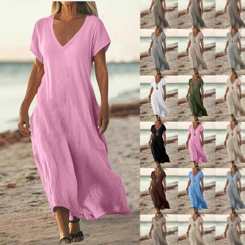Vestido Feminino Solto em Algodão e Linho, Decote V e Manga Curta