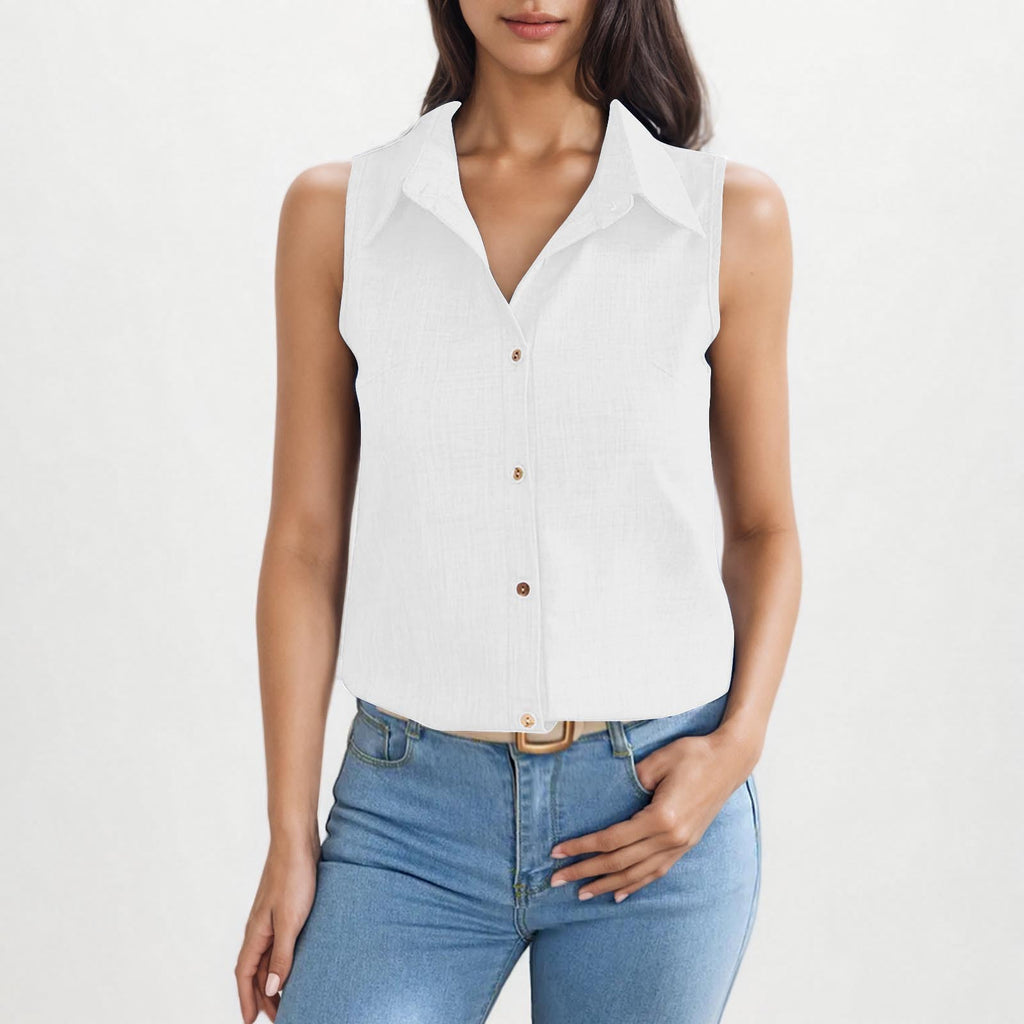 Camisa Feminina Sem Manga em Algodão e Linho com Gola e Botões