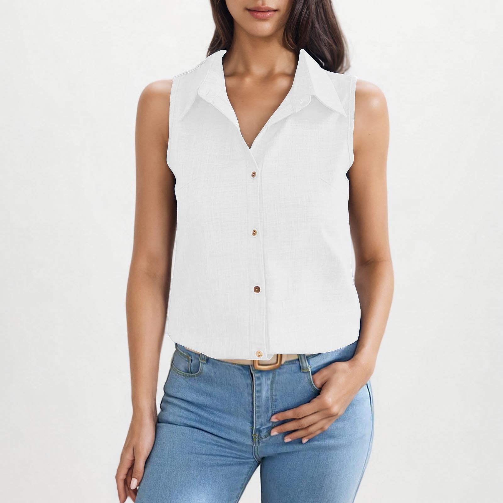 Camisa Feminina Sem Manga em Algodão e Linho com Gola e Botões