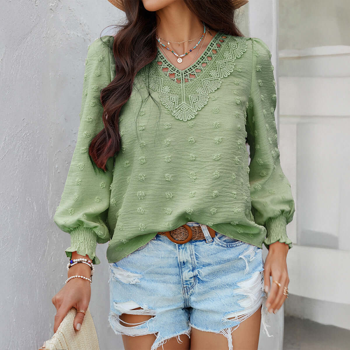 Camisa de Manga Longa Casual Estilo Resort, Jacquard Bordado e Cor Sólida