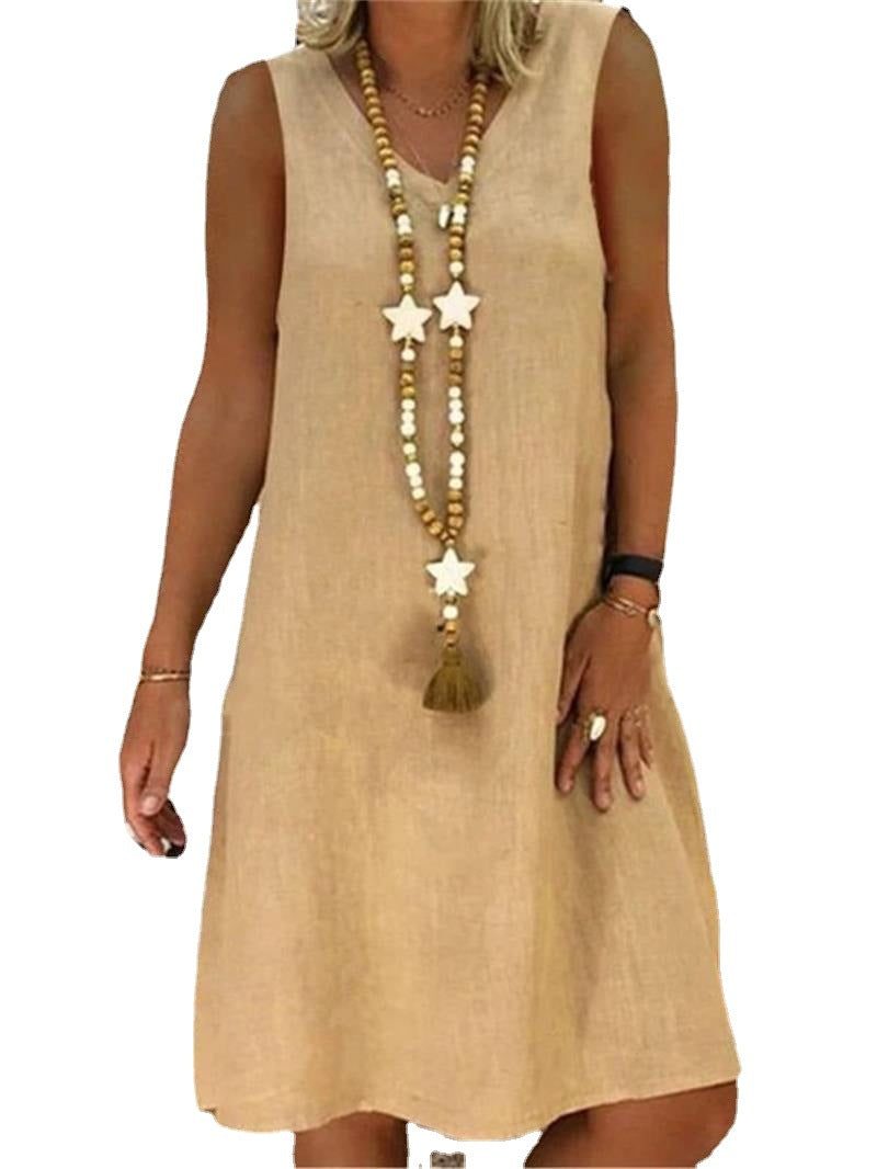 Vestido Feminino Sem Manga em Algodão e Linho com Decote V