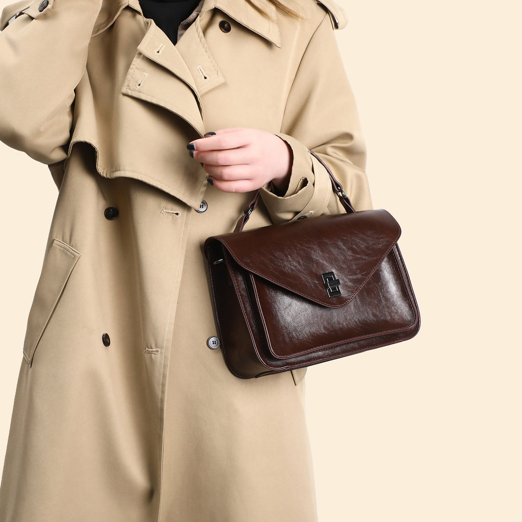 Bolsa Feminina em Couro Encerado, Estilo Vintage, Minimalista, Fashion e Elegante