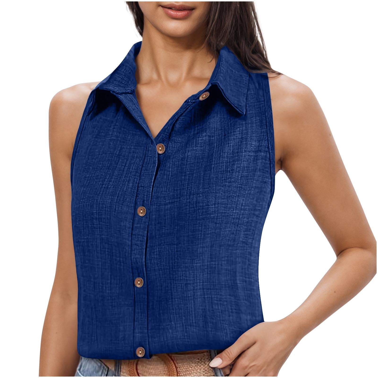 Camisa Feminina Sem Manga em Algodão e Linho com Gola e Botões