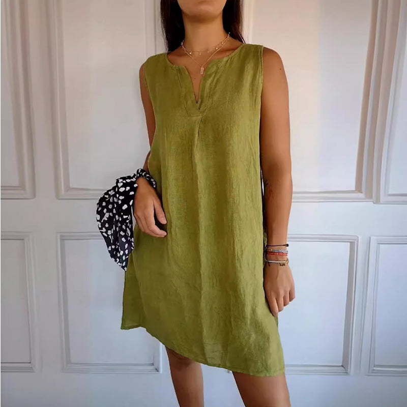 Vestido Feminino Sem Manga em Algodão e Linho, Cor Sólida