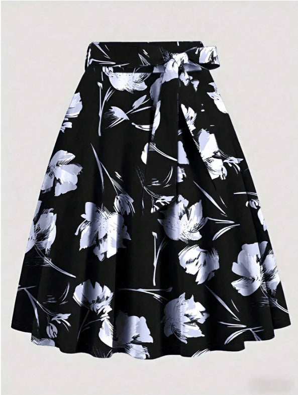 saia midi preta floral