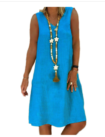 Vestido Feminino Sem Manga em Algodão e Linho com Decote V