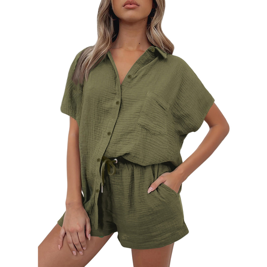 Conjunto Feminino Casual em Algodão e Linho Camisa & Shorts