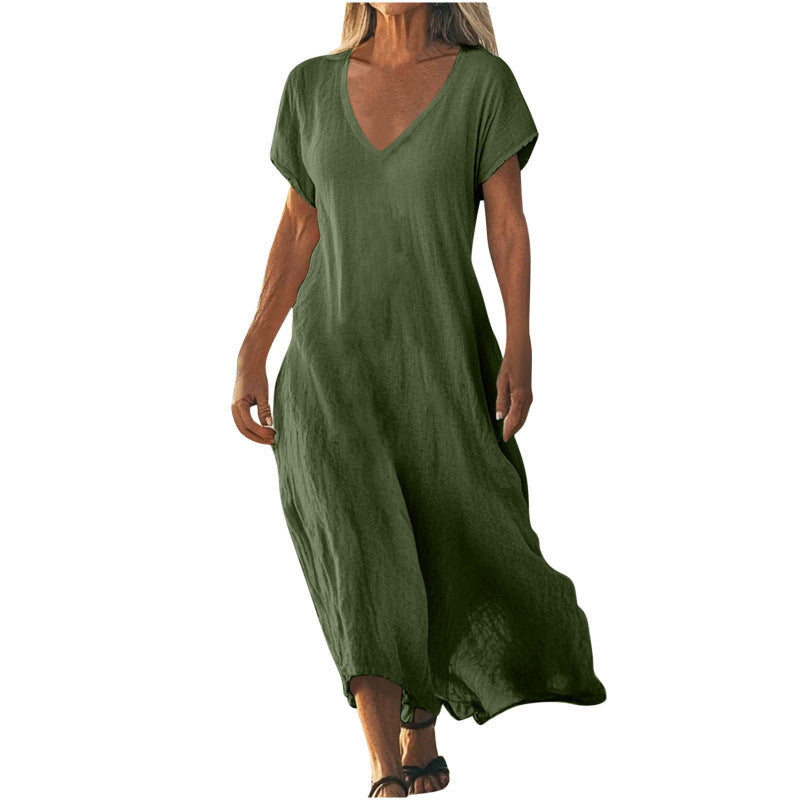 Vestido Feminino Solto em Algodão e Linho, Decote V e Manga Curta
