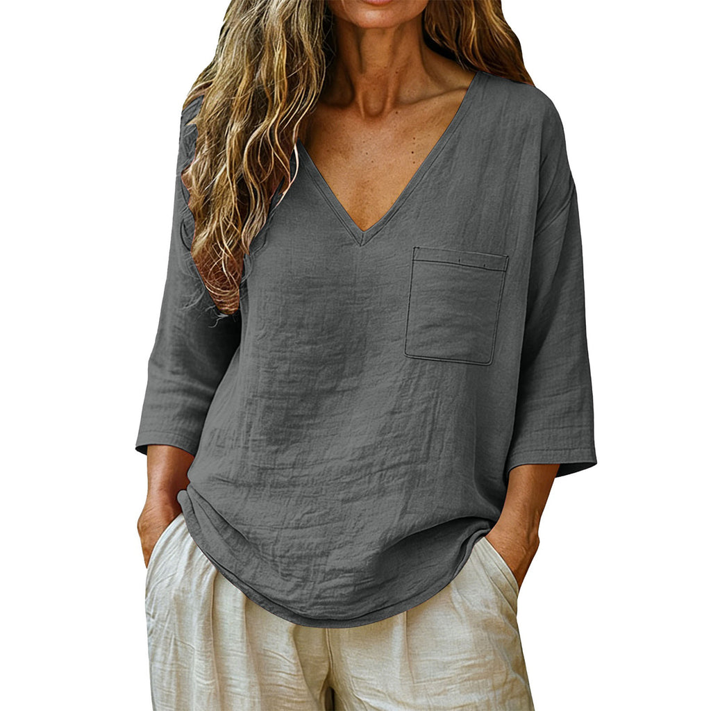 Blusa Feminina Casual Solta de Algodão e Linho com Decote V