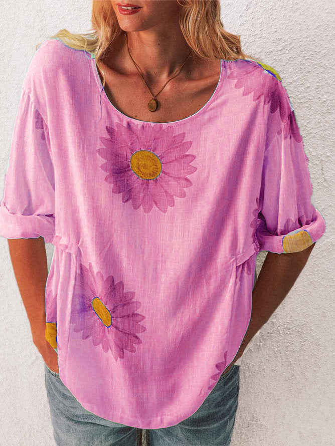 Camiseta Feminina de Algodão e Linho, Manga Média, Estampa Crisântemo