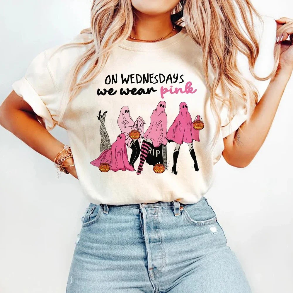 Camiseta Feminina Branca Halloween com Estampa Fofa Streetwear