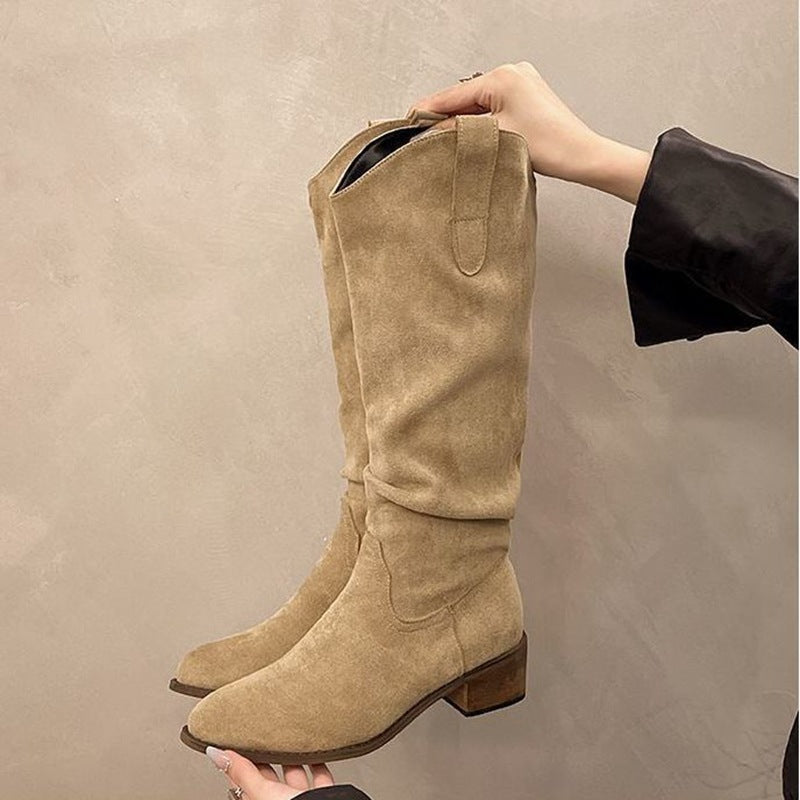 Botas Femininas Estilo Retrô com Bico Fino, Salto Grosso Alto, Minimalistas e Versáteis