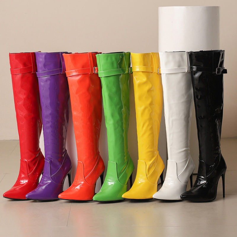 Botas Femininas de Salto Alto, Bico Fino, Acima do Joelho