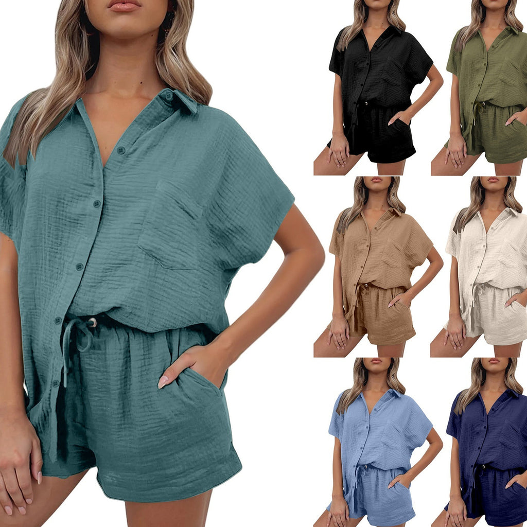 Conjunto Feminino Casual em Algodão e Linho Camisa & Shorts
