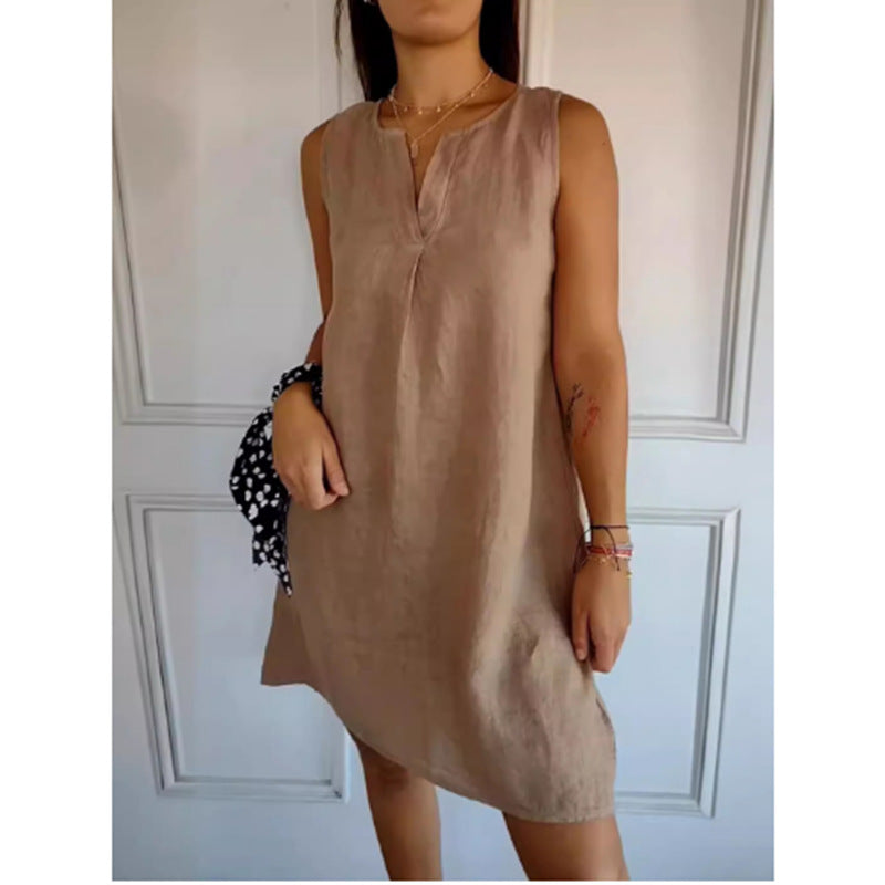 Vestido Feminino Sem Manga em Algodão e Linho, Cor Sólida