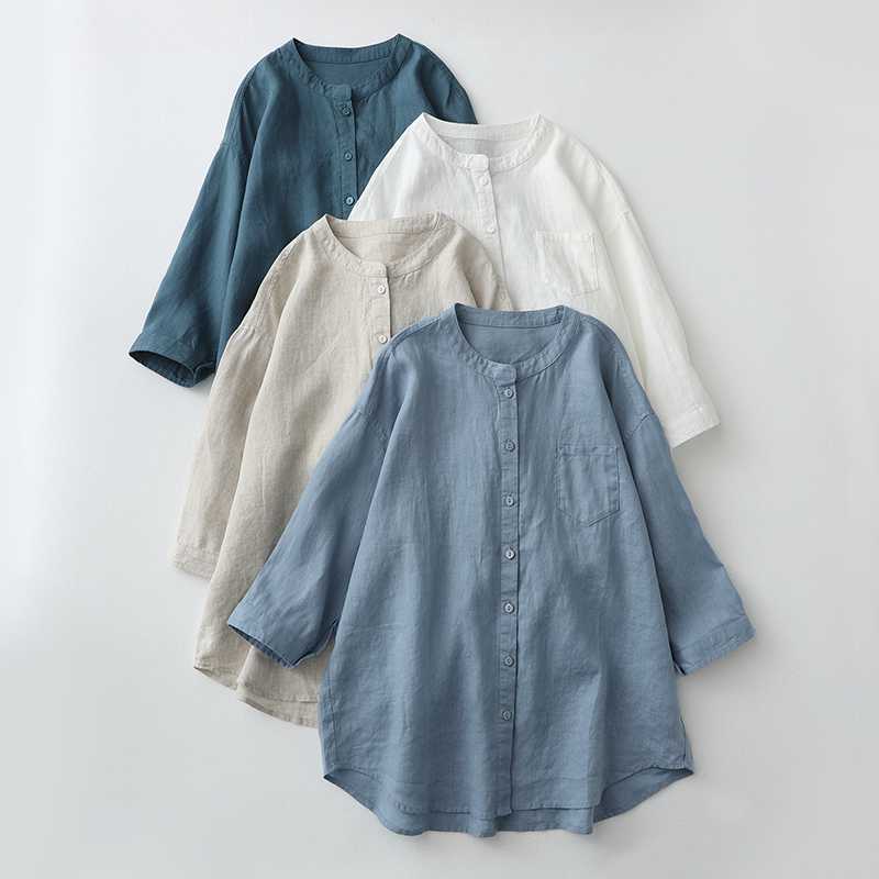 Camisa Feminina de Linho Branca com Gola Alta