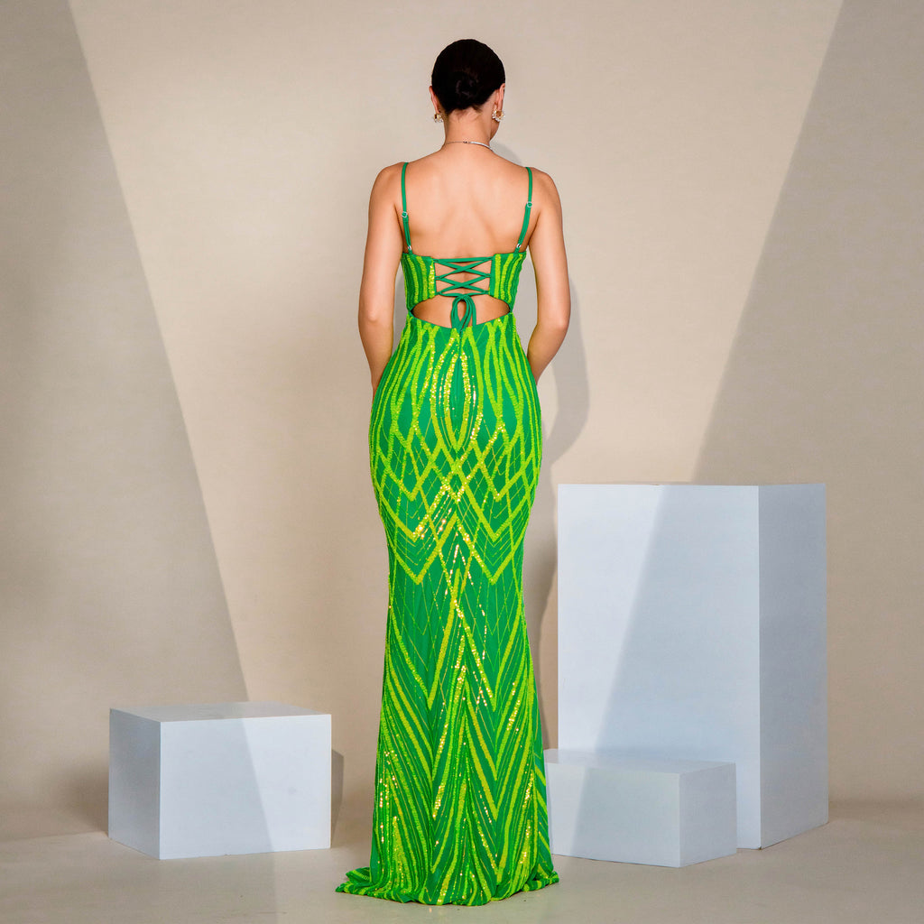Vestido de Festa com Decote V, Alças, Paetês e Saia Sereia