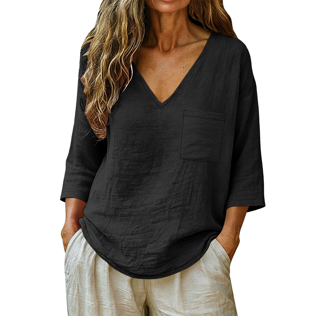 Blusa Feminina Casual Solta de Algodão e Linho com Decote V
