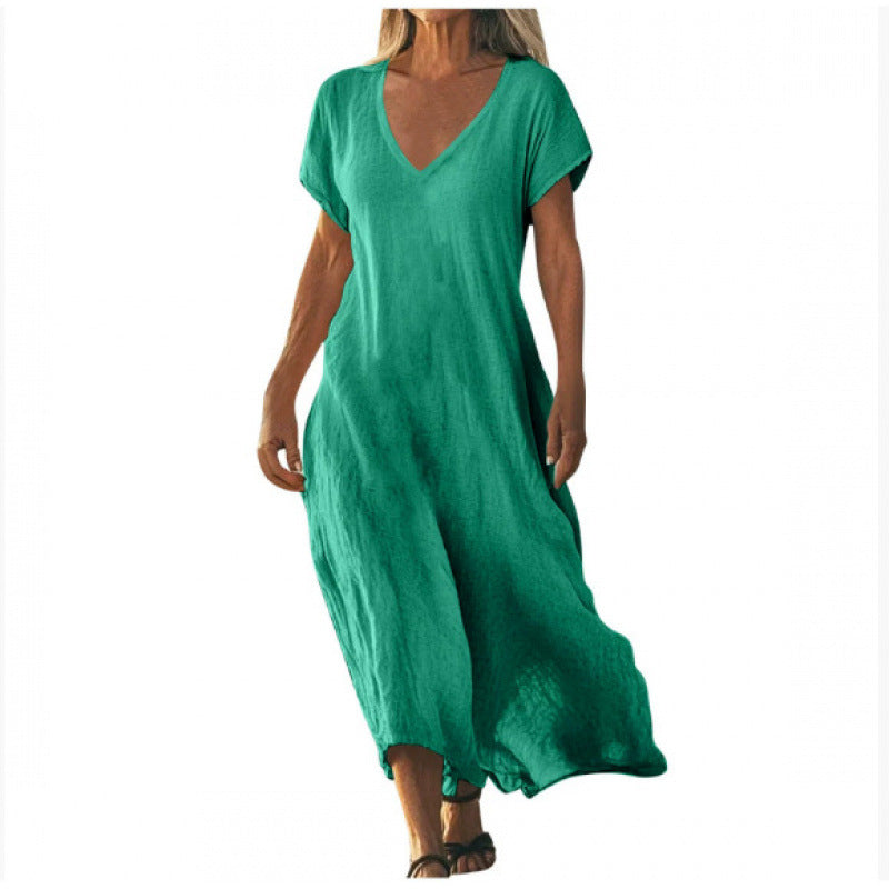 Vestido Feminino Solto em Algodão e Linho, Decote V e Manga Curta