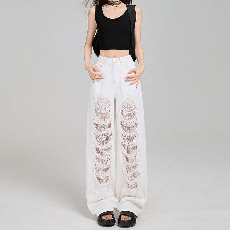 Jeans Feminino Off-White Rasgado com Renda, Cintura Alta e Modelagem Solta