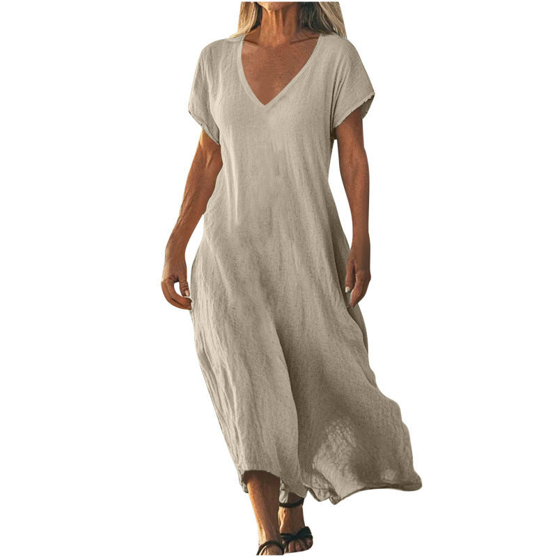 Vestido Feminino Solto em Algodão e Linho, Decote V e Manga Curta
