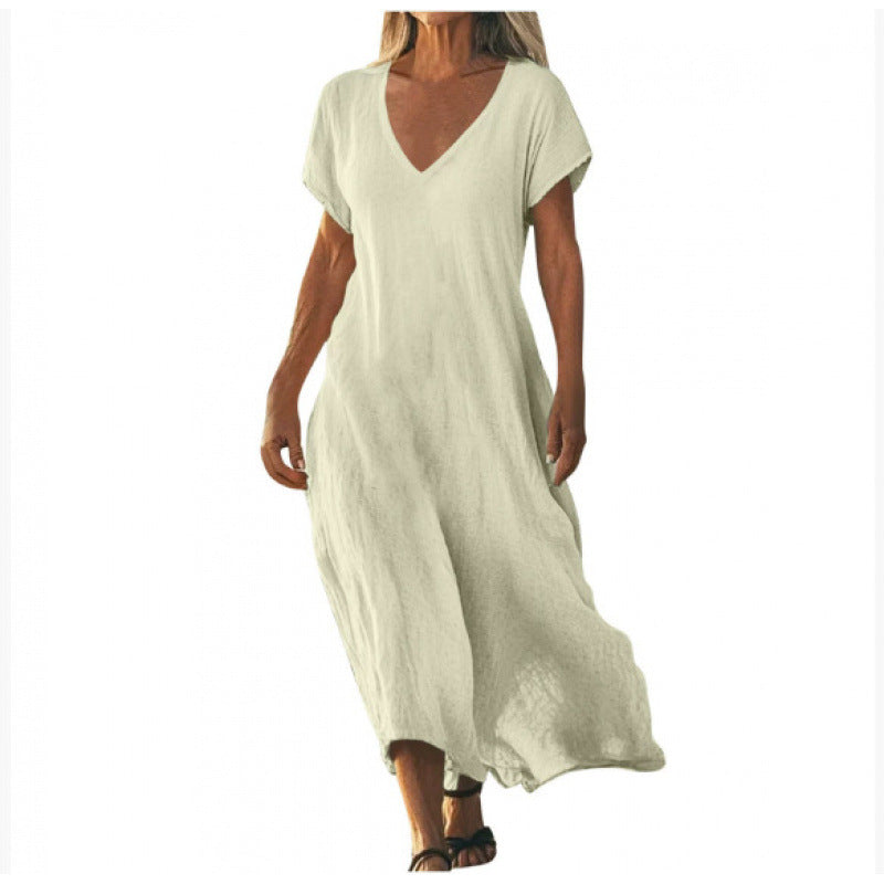 Vestido Feminino Solto em Algodão e Linho, Decote V e Manga Curta