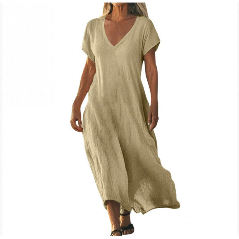 Vestido Feminino Solto em Algodão e Linho, Decote V e Manga Curta