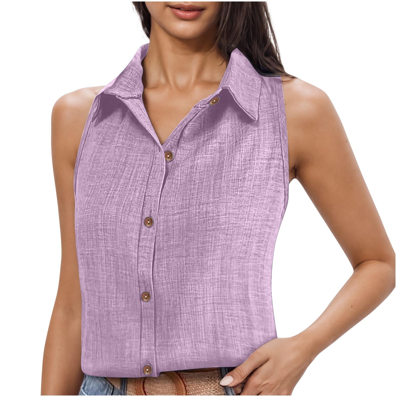 Camisa Feminina Sem Manga em Algodão e Linho com Gola e Botões
