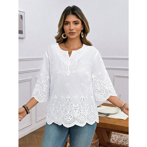 Blusa de Chiffon Elegante para o Trabalho com Manga Sino e Renda Bordada