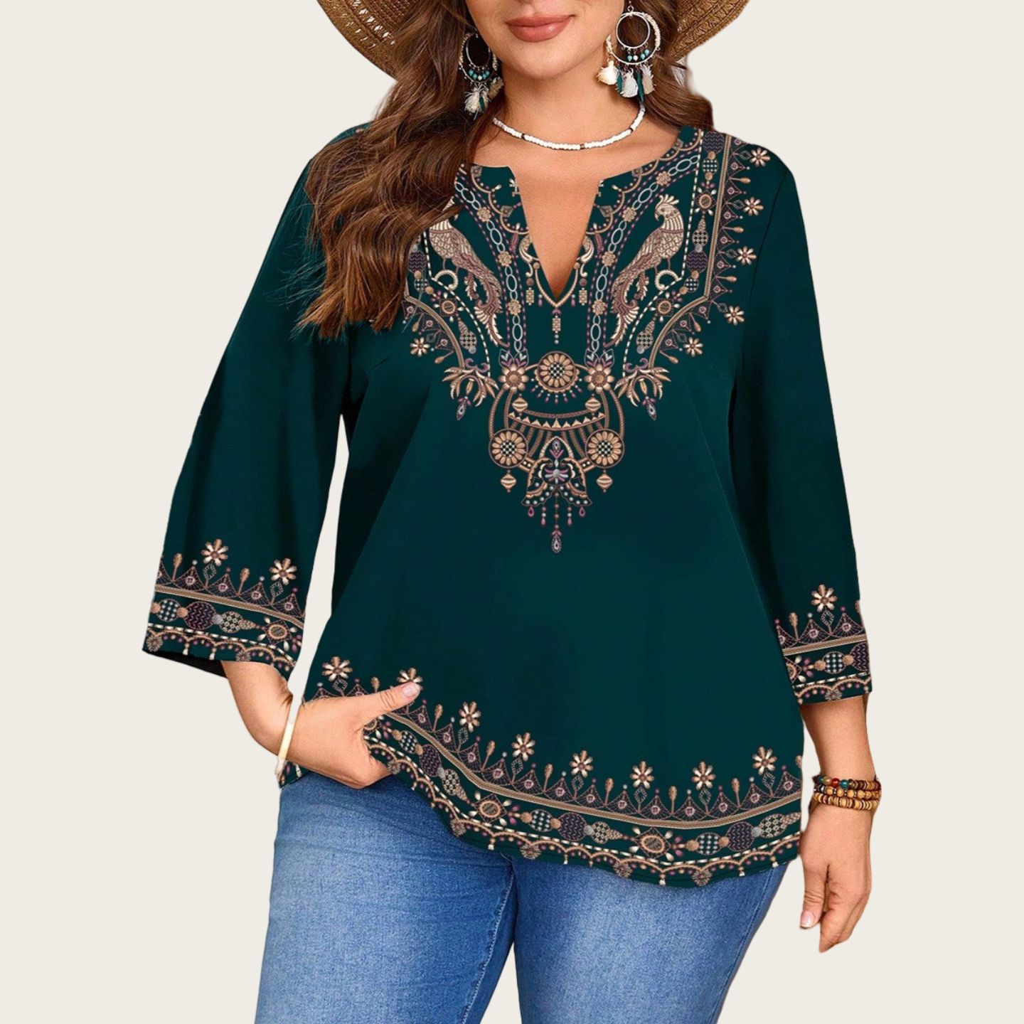 Blusa Feminina Casual Fashion com Decote V, Estilo Étnico e Estampa, Manga 3/4