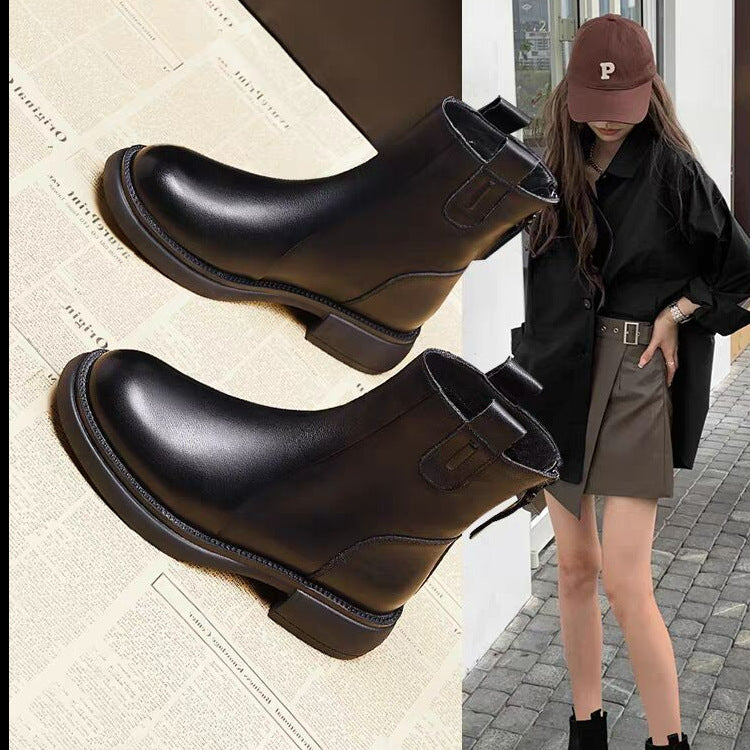 Bota Ankle Feminina com Forro de Lã, Salto Baixo e Zíper
