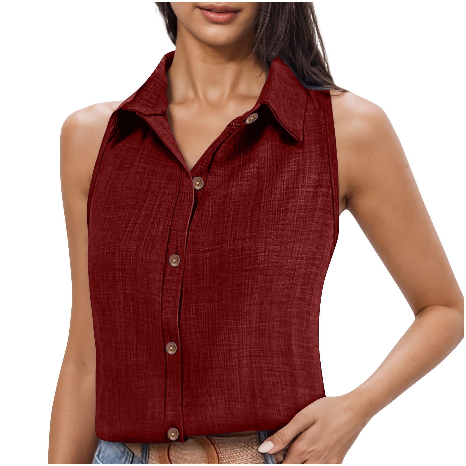 Camisa Feminina Sem Manga em Algodão e Linho com Gola e Botões
