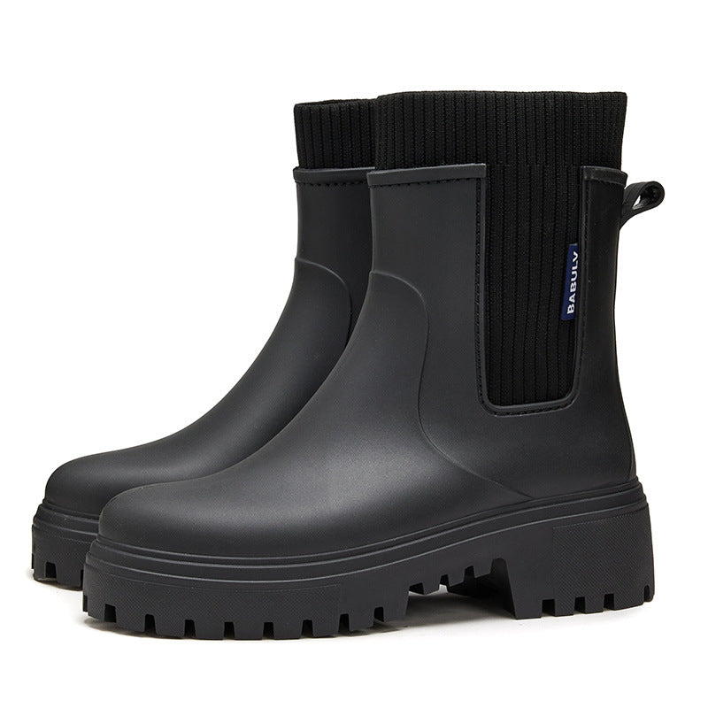 Botas de Chuva Femininas com Cintura Elástica, Cano Médio a Baixo