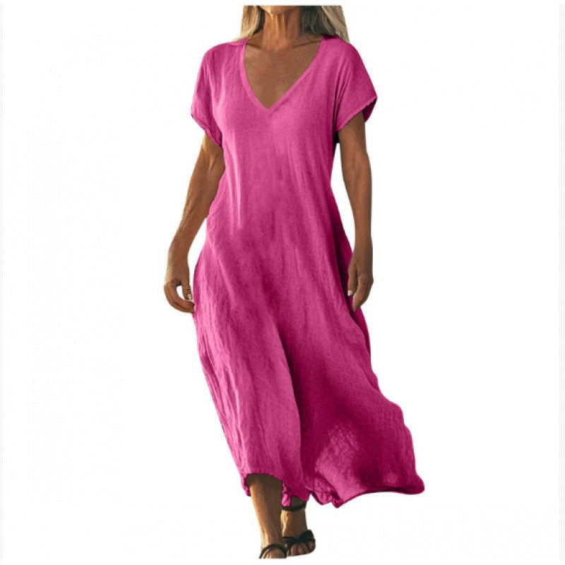 Vestido Feminino Solto de Algodão e Linho com Decote V e Manga Curta