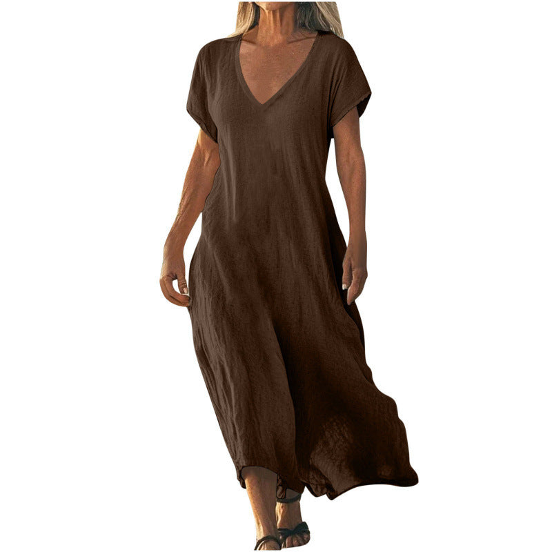Vestido Feminino Solto em Algodão e Linho, Decote V e Manga Curta