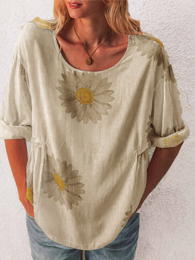 Camiseta Feminina de Algodão e Linho, Manga Média, Estampa Crisântemo
