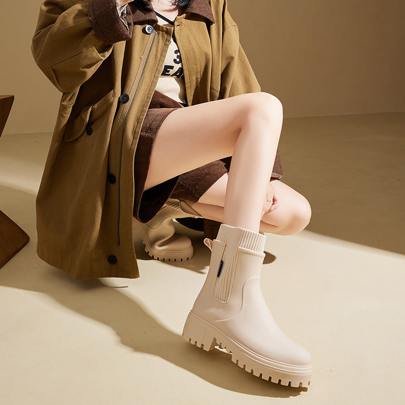 Botas de Chuva Femininas com Cintura Elástica, Cano Médio a Baixo