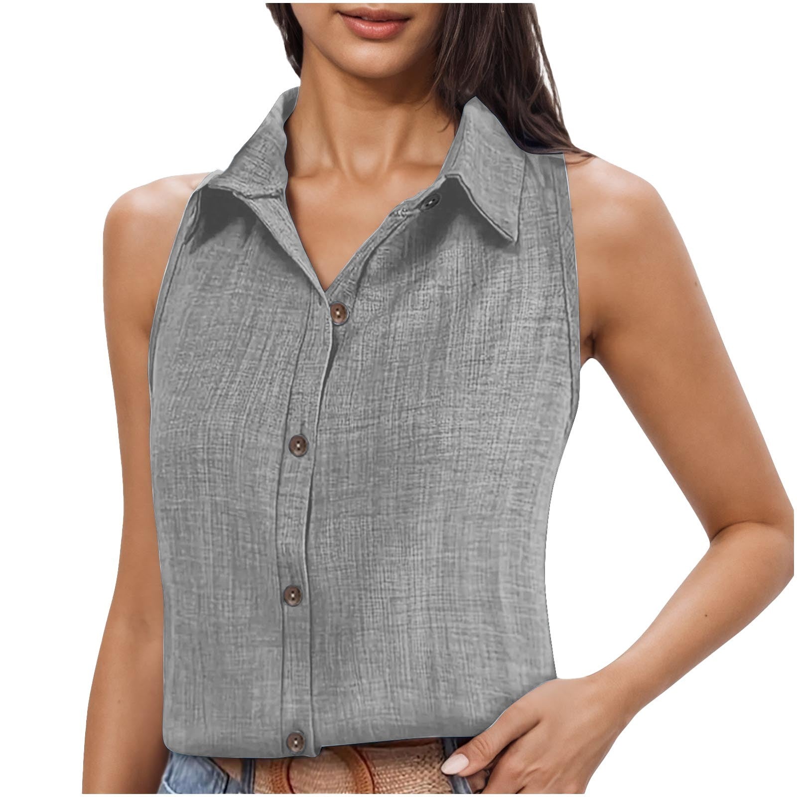 Camisa Feminina Sem Manga em Algodão e Linho com Gola e Botões