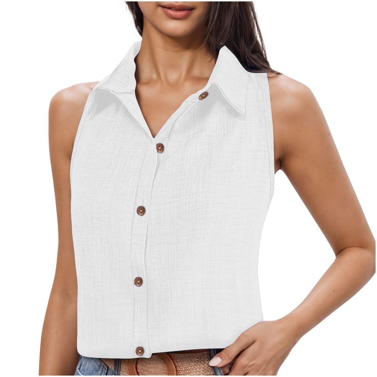 Camisa Feminina Sem Manga em Algodão e Linho com Gola e Botões