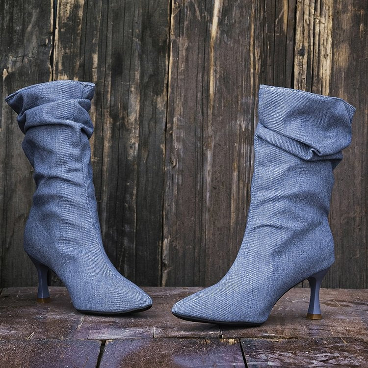 Bota Ankle Jeans Retrô Francesa, Bico Fino e Salto Stiletto