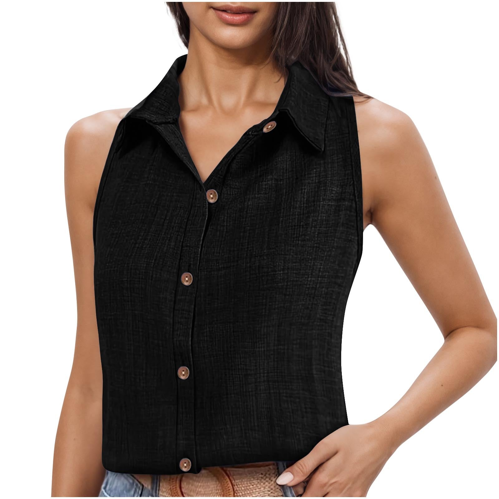 Camisa Feminina Sem Manga em Algodão e Linho com Gola e Botões
