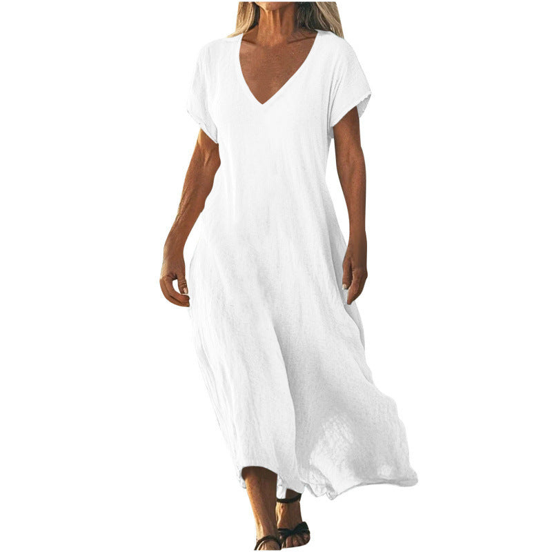 Vestido Feminino Solto em Algodão e Linho, Decote V e Manga Curta