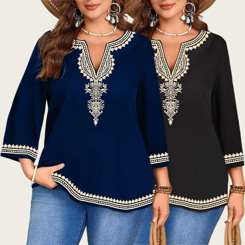 Blusa Feminina Casual Fashion com Decote V, Estilo Étnico e Estampa, Manga 3/4