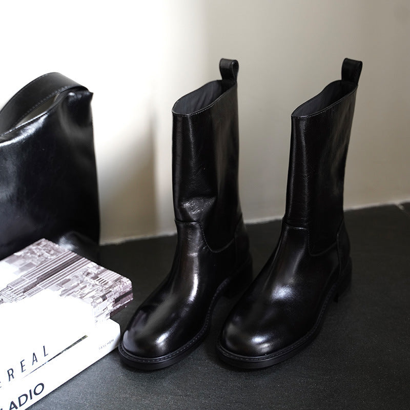 Botas Femininas de Couro Genuíno, Cano Médio, Estilo Vintage de Montaria, Cano Reto