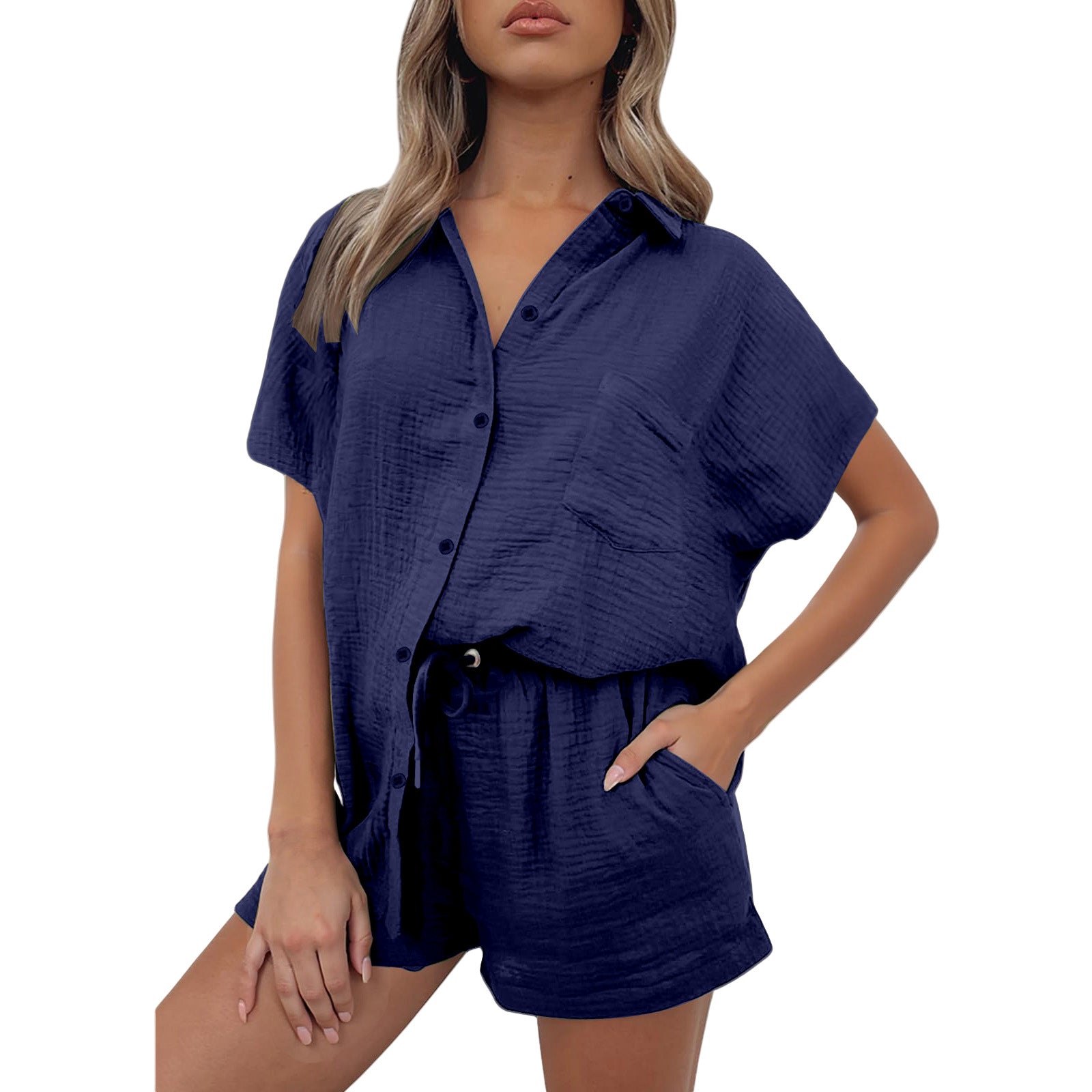 Conjunto Feminino Casual em Algodão e Linho Camisa & Shorts