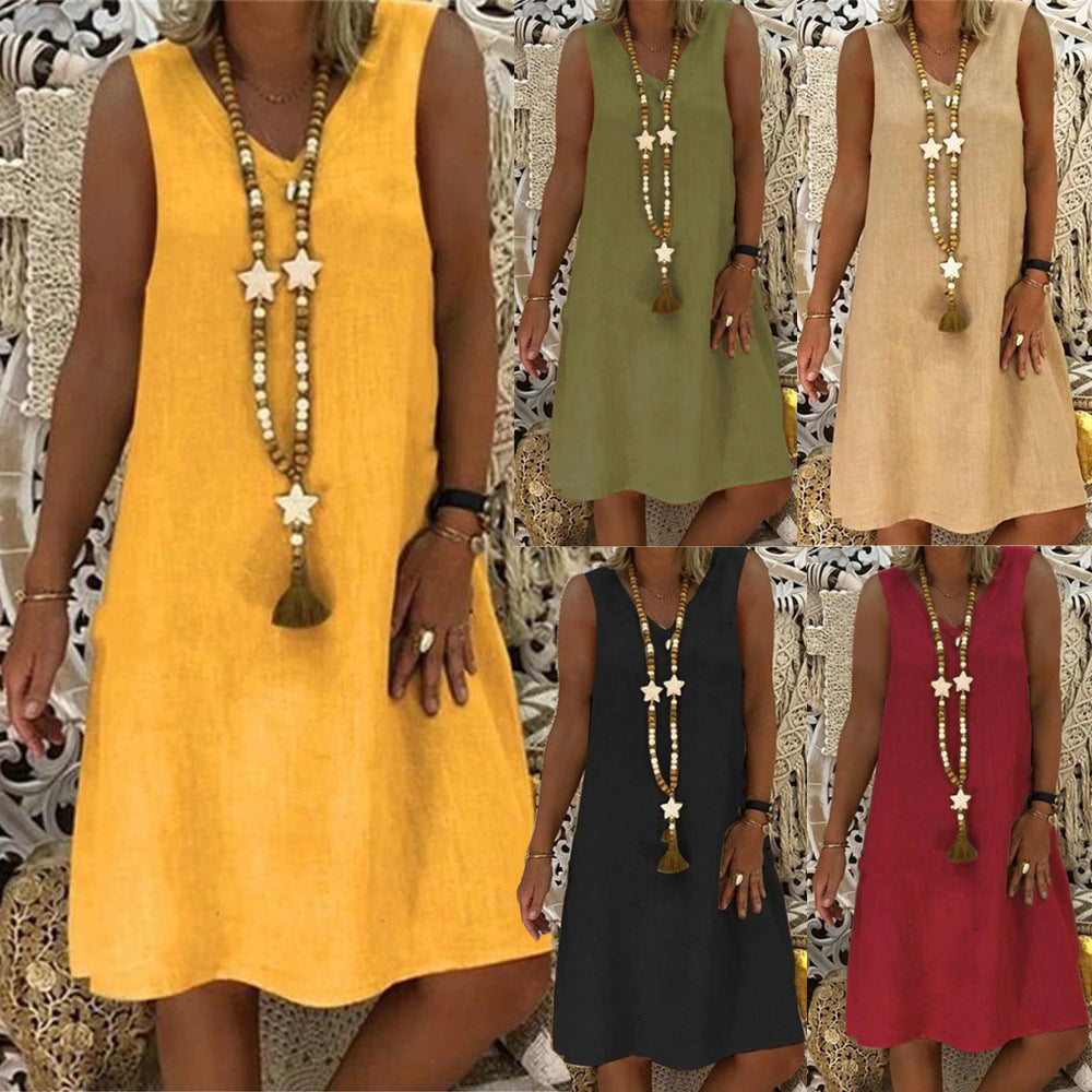 Vestido Feminino Sem Manga em Algodão e Linho com Decote V