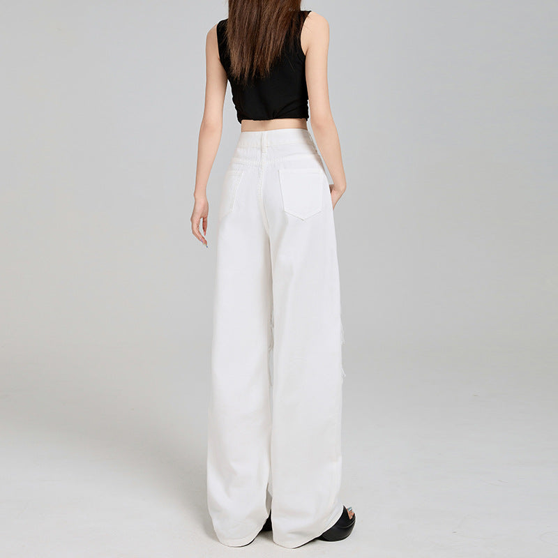 Jeans Feminino Off-White Rasgado com Renda, Cintura Alta e Modelagem Solta