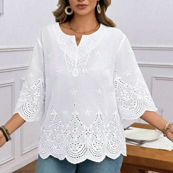 Blusa de Chiffon Elegante para o Trabalho com Manga Sino e Renda Bordada